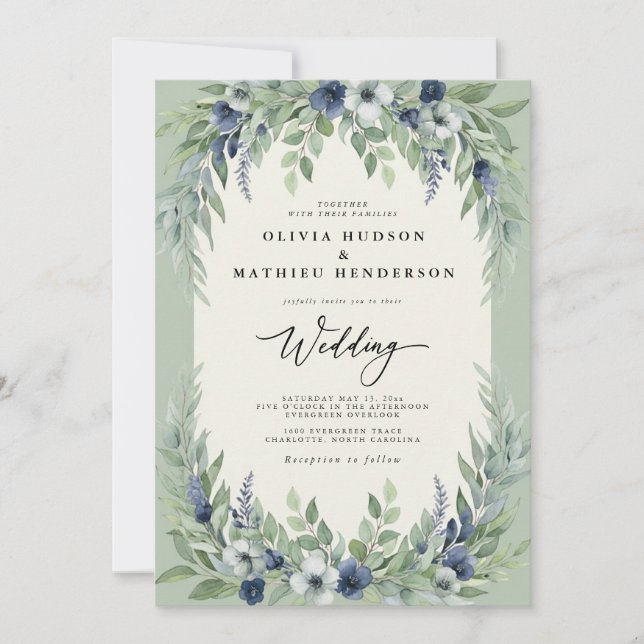 Sage Navy Watercolor Forest Wedding Invitation (Front)
