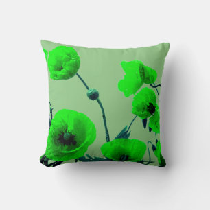 Sage Neon Green Floral Watercolor Poppy Flowers Throw Pillow