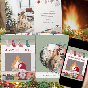 Sage Nordic Gnome Fireplace Hygge Christmas Holiday Card