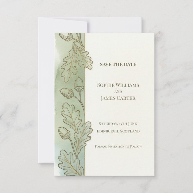 Sage Oak Leaf Save The Date Card (Front)