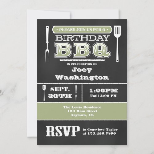 Sage Olive BBQ Birthday Chalkboard Invitation