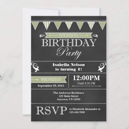 Sage Olive Black Chalkboard Birthday Invitation