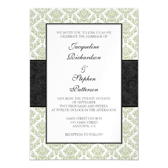 Sage Olive Black Damask Magnetic Wedding Invites