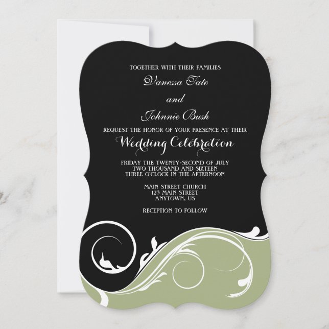Sage Olive Black Swirl Bracket Wedding Invites (Front)