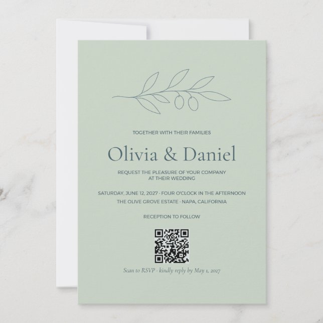 Sage Olive Branch QR Code Wedding Invitation (Front)