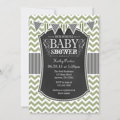 Sage Olive Chalkboard Chevron Baby Shower Invite