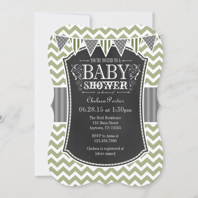Sage Olive Chalkboard Chevron Baby Shower Invite (Front)
