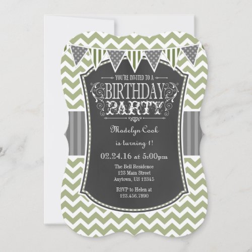 Sage Olive Chalkboard Chevron Birthday Invite