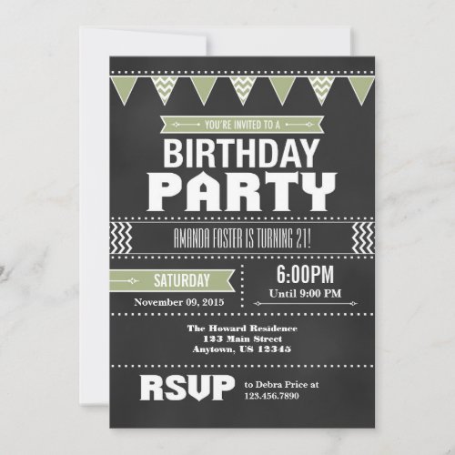 Sage Olive Chevron Chalkboard Birthday Invitation