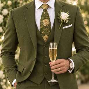 Sage Olive Cream Peony Botanical Vine Tie
