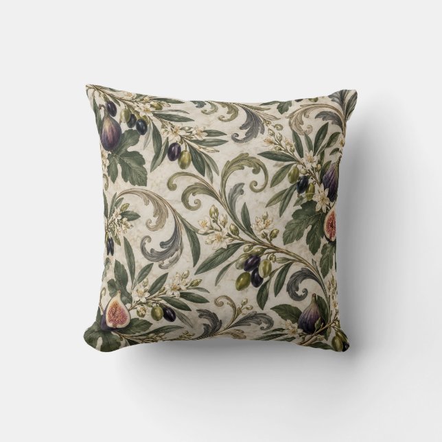 Sage Olive Fig Botanical Scroll Throw Pillow (Front)
