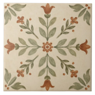 Sage Olive Folk Art Floral Cross Motif Ceramic Tile