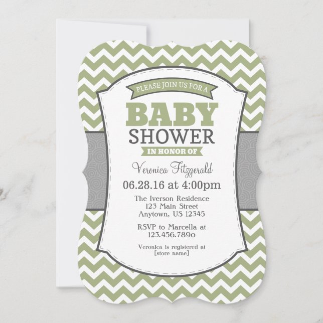 Sage Olive Gray Chevron Baby Shower Invitation (Front)