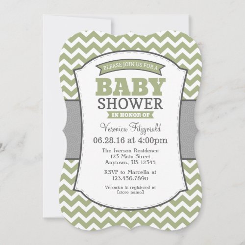 Sage Olive Gray Chevron Baby Shower Invitation