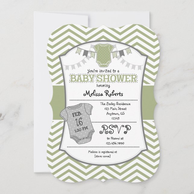 Sage Olive Gray Chevron Baby Shower Invitation (Front)