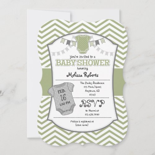 Sage Olive Gray Chevron Baby Shower Invitation