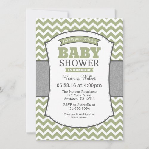 Sage Olive Gray Chevron Baby Shower Invitation