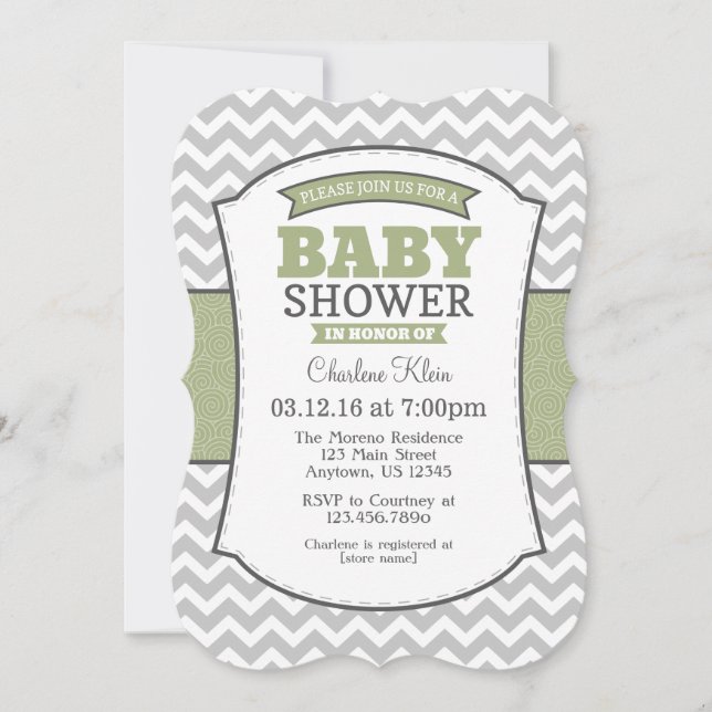 Sage Olive Gray Chevron Baby Shower Invitation (Front)