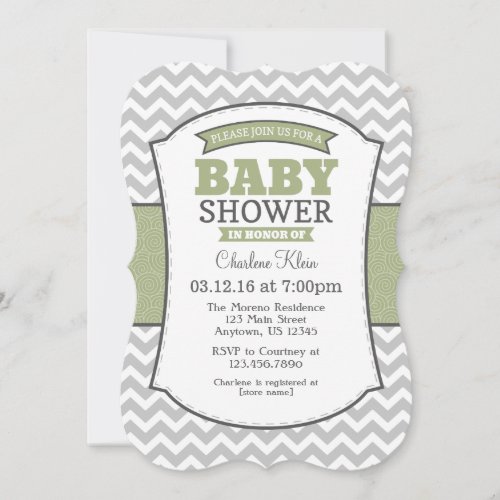 Sage Olive Gray Chevron Baby Shower Invitation