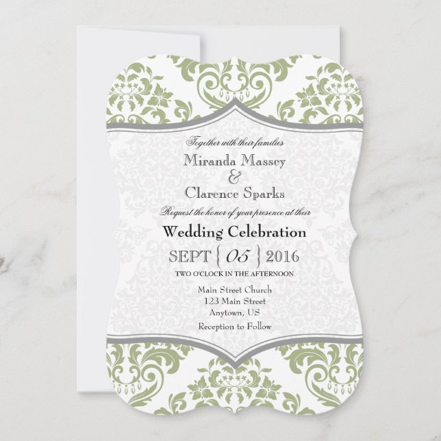 Sage Olive Gray Damask Bracket Wedding Invite (Front)