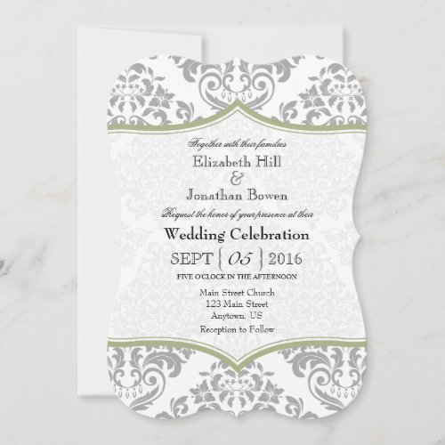 Sage Olive Gray Damask Bracket Wedding Invite