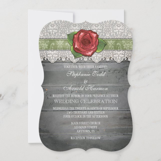 Sage Olive Gray Rustic Wood Rose Wedding Invite (Front)