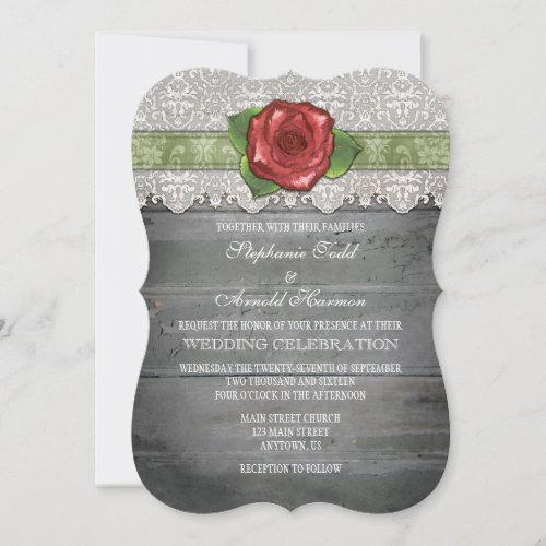 Sage Olive Gray Rustic Wood Rose Wedding Invite