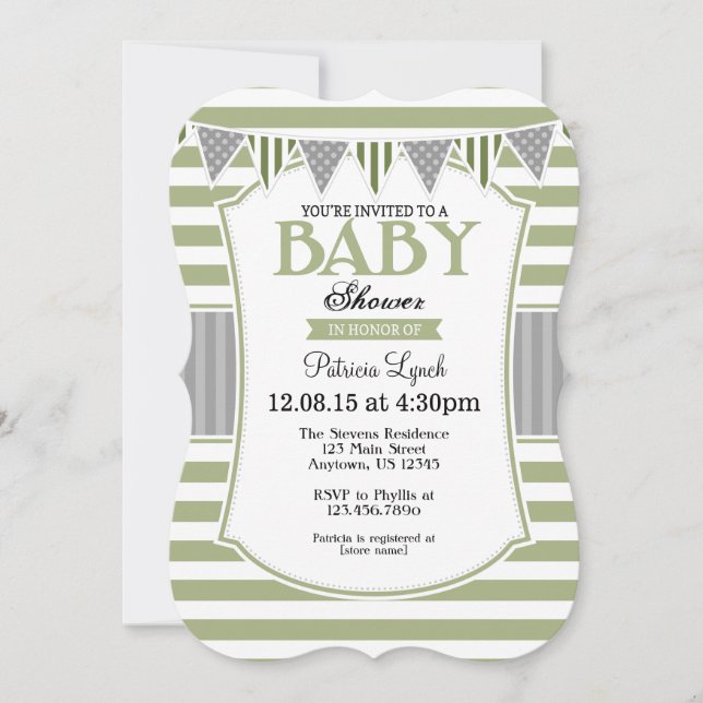 Sage Olive Gray Stripes Baby Shower Invitation (Front)