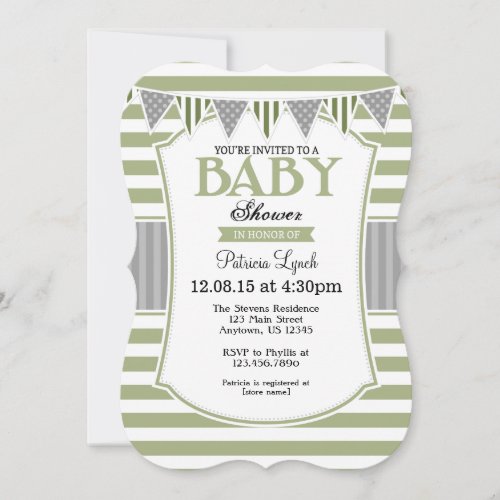 Sage Olive Gray Stripes Baby Shower Invitation