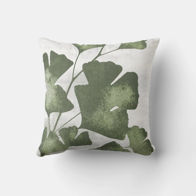 Sage Olive Green Botanical Ginkgo Biloba Leaves Throw Pillow (Back)