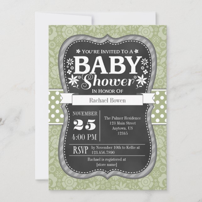 Sage Olive Green Chalkboard Floral Baby Shower Invitation (Front)