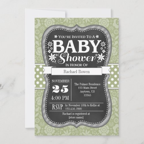 Sage Olive Green Chalkboard Floral Baby Shower Invitation