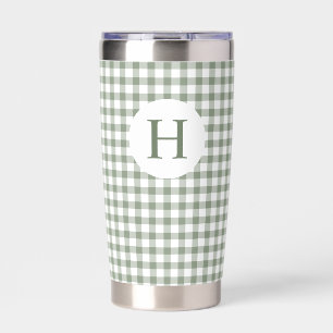 Sage Olive Green Gingham Plaid Modern Monogram Insulated Tumbler