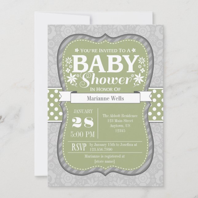 Sage Olive Green Gray Floral Baby Shower Invite (Front)