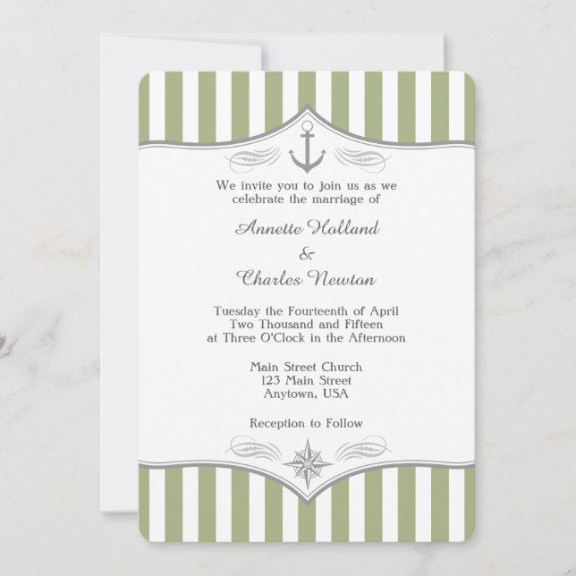 Sage Olive Green Gray Nautical Wedding Invitation (Front)