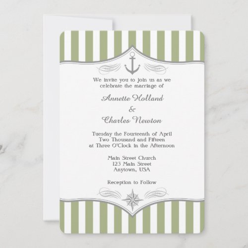 Sage Olive Green Gray Nautical Wedding Invitation