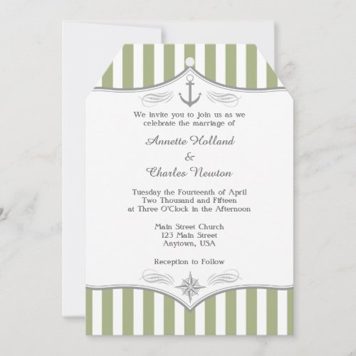 Sage Olive Green Gray Nautical Wedding Invitation