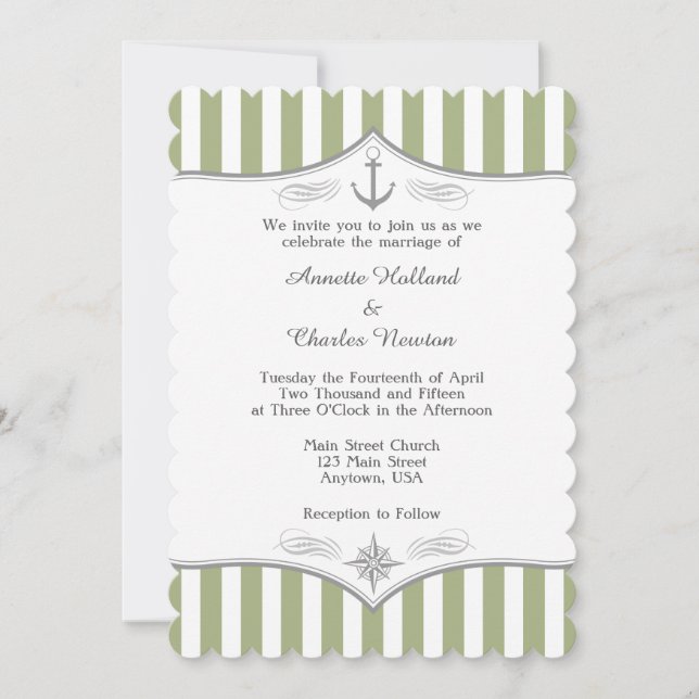 Sage Olive Green Gray Nautical Wedding Invitation (Front)