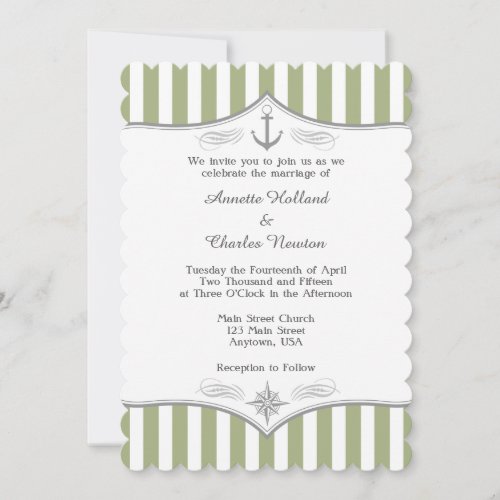 Sage Olive Green Gray Nautical Wedding Invitation