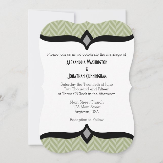 Sage Olive Green Herringbone Wedding Invitation (Front)