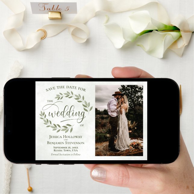 Sage & Olive Green Leaves & Photo Rustic Wedding Save The Date (Front Digital)