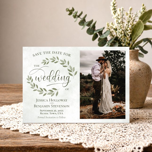 Sage & Olive Green Leaves & Photo Rustic Wedding Save The Date (Creator Uploaded)