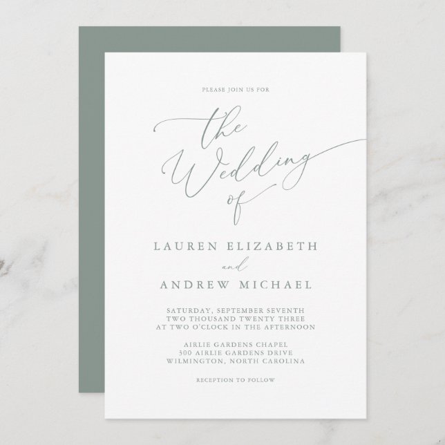 Sage Olive Green Minimalist Wedding Invitation (Front/Back)