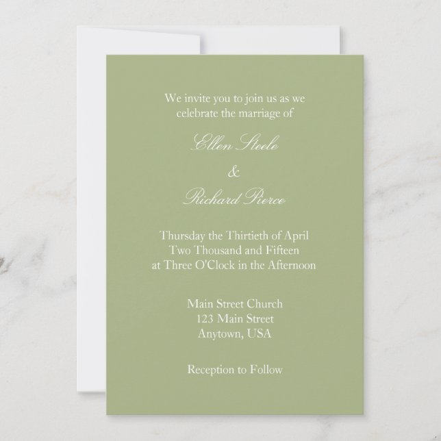Sage Olive Green Plain Simple Wedding Invitation (Front)