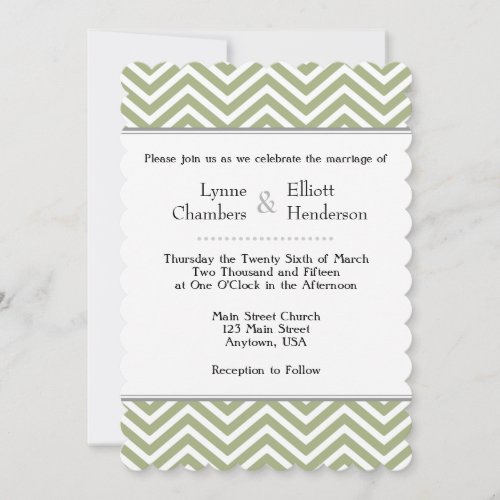 Sage Olive Green White Chevron Wedding Invitation