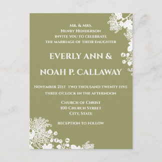 Sage Olive Green & White Vintage Floral Wedding Invitation Postcard