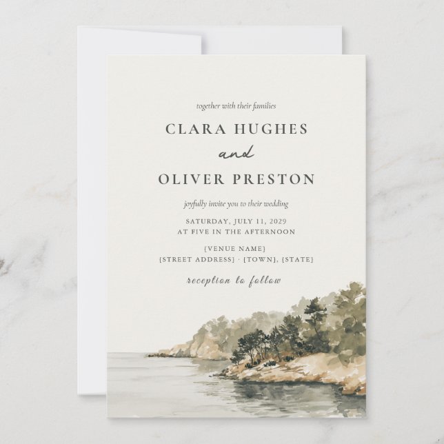 Sage Olive Pine Script Mallorca Coast Wedding Invitation (Front)