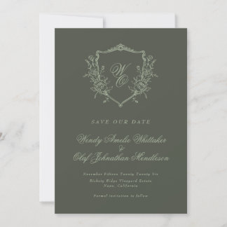 Sage Olive Vintage Floral Crest Monogram Photo Save The Date