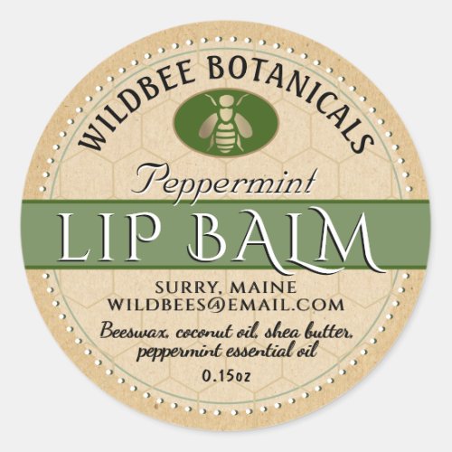 Sage on Kraft Beeswax Lip Balm with Dotted Border Classic Round Sticker