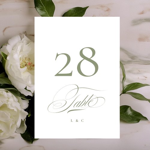 Sage on White Elegant Calligraphy Wedding Table Number